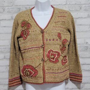 Sigrid Olsen Sport Hand Knit Cardigan Sweater Floral Wood Buttons
